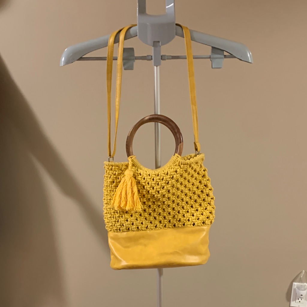 Women's Yellow Crochet Tote Bag Purse With Wooden Handles By Sonoma